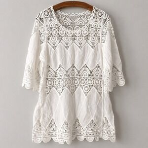 Unbranded Blouse Size M White Cotton Lace Crochet Tunic Cottagecore Angelcore
